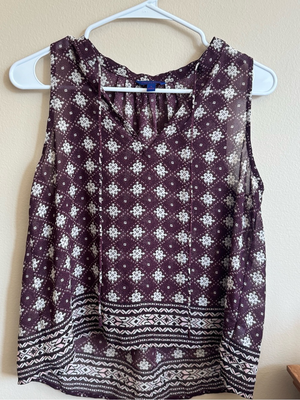 Aeropostale Purple Printed Sleeveless Tie Neck Blouse Womens Small Boho Tank Top